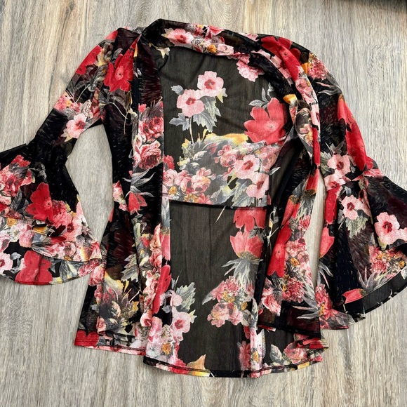 Black Sheer Mesh Floral Open Front Blouse - Picture 3 of 6